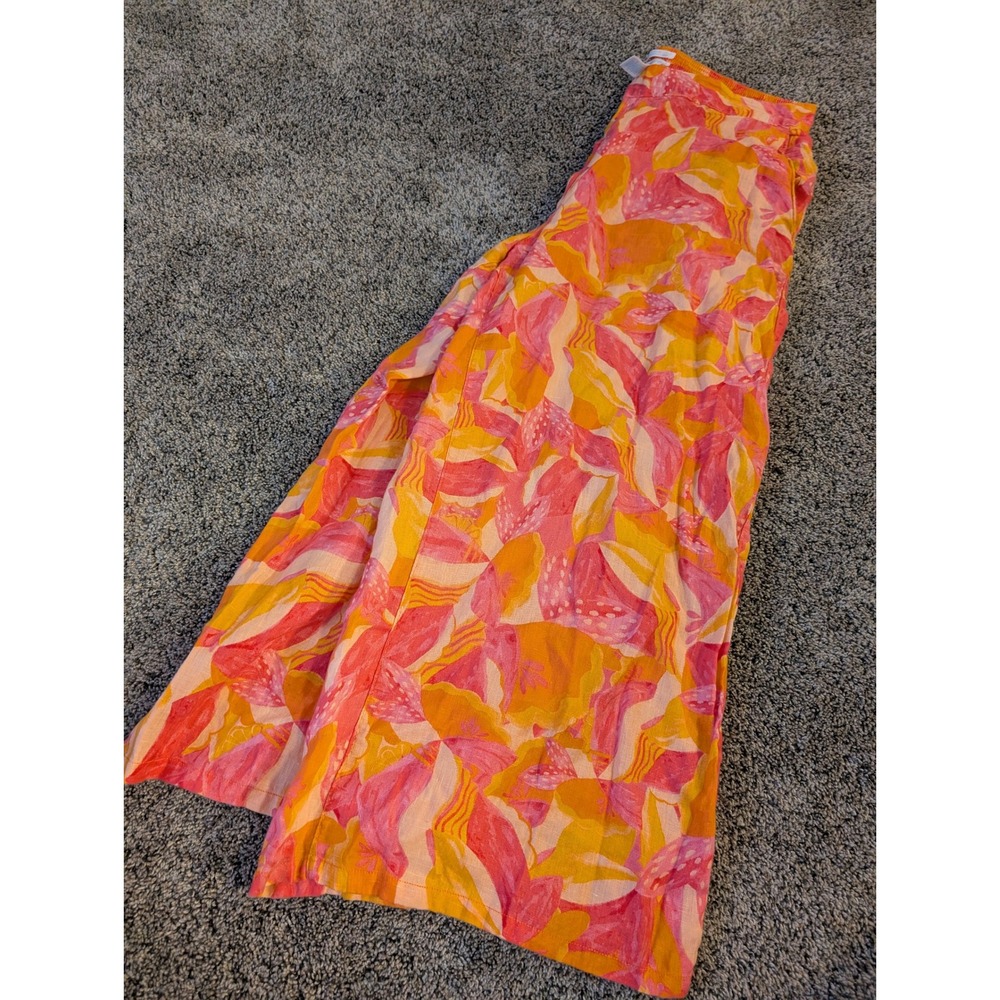Cynthia Rowley Pink Orange Floral 100% Linen‎ Wide Leg Pants Womens Large - Picture 2 of 5